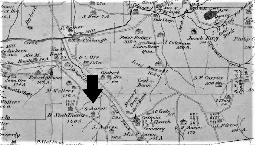 Margaret Aaron 3 The arrow points to George and Margaret’s home in Limestone Township near Crates.